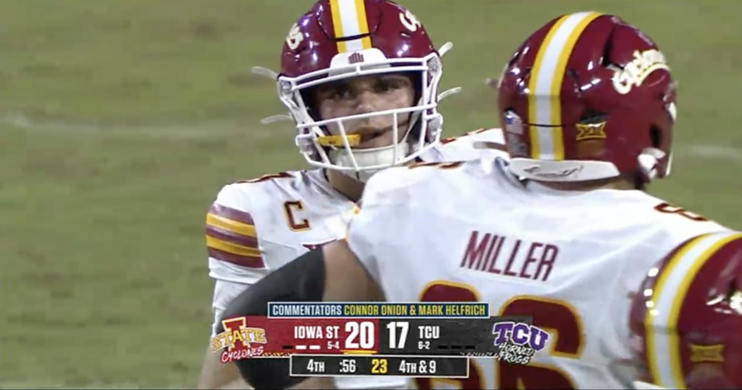 Mark Helfrich went on an unprompted rant during the Iowa State–TCU game, saying basketball scores shouldn’t appear during football season.