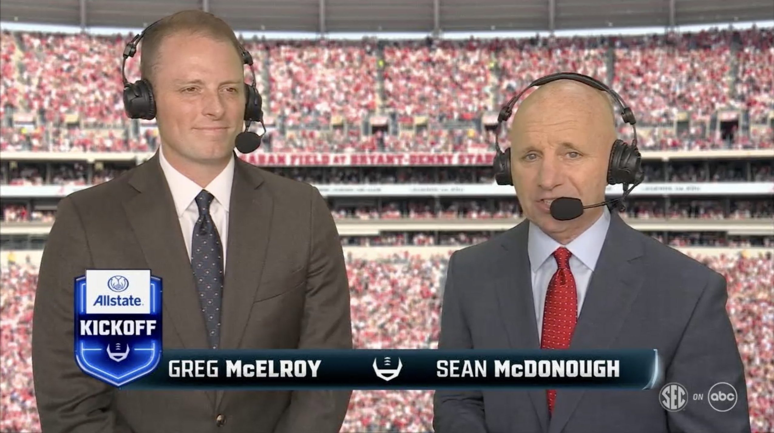 Sean McDonough and Greg McElroy in the SEC on ABC booth. Photo Credit: ABC