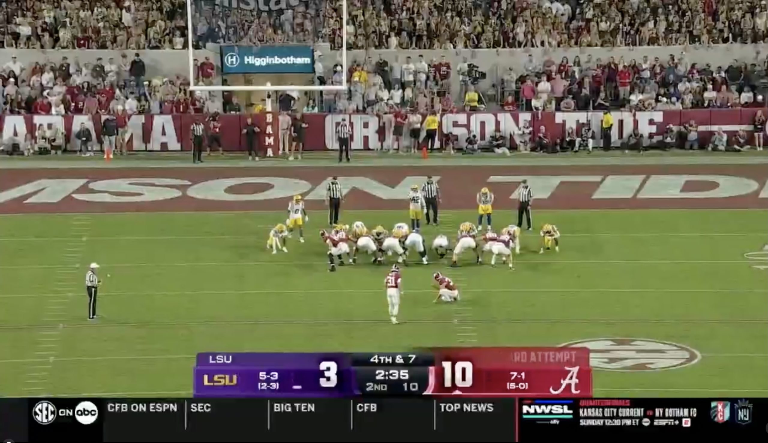 Sean McDonough jinxes Alabama twice vs LSU during an SEC on ABC broadcast. Photo Credit: ABC