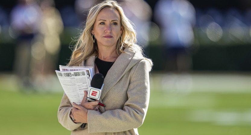 Nov 26, 2022; Athens, Georgia, USA; ESPN sideline reporter Kris Budden on the field prior to the game between the Georgia Bulldogs and the Georgia Tech Yellow Jackets at Sanford Stadium. Mandatory Credit: Dale Zanine-USA TODAY Sports