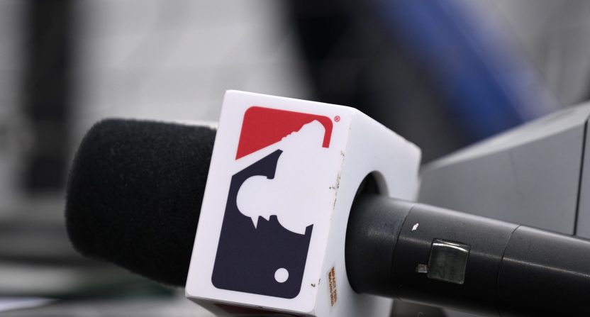 Jun 7, 2023; San Diego, California, USA; A detailed view of an MLB microphone during the ninth inning of the game between the San Diego Padres and the Seattle Mariners at Petco Park.