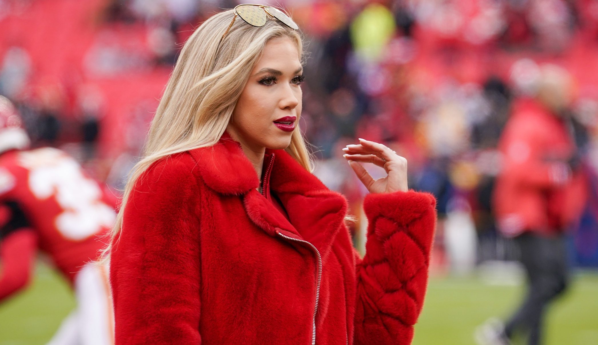 Dec 25, 2023; Kansas City, Missouri, USA; Gracie Hunt on field prior to a game between the Kansas City Chiefs and Las Vegas Raiders at GEHA Field at Arrowhead Stadium. Mandatory Credit: Denny Medley-USA TODAY Sports