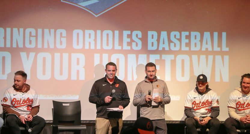 Geoff Arnold and Brett Hollander were the masters of ceremony for the Birdland Caravan fan rally at South Hagerstown High School on Saturday, Jan. 27, 2024.