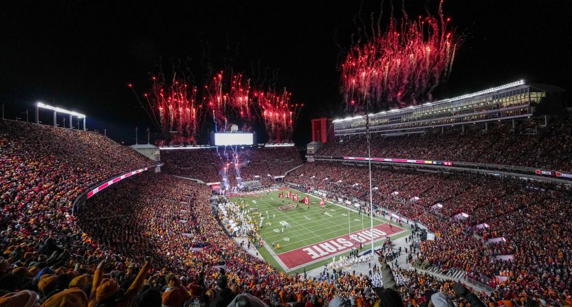 Fireworks erupt as the Ohio State Buckeyes take the field prior to the College Football Playoff first round game against the Tennessee Volunteers at Ohio Stadium in Columbus on Dec. 21, 2024.