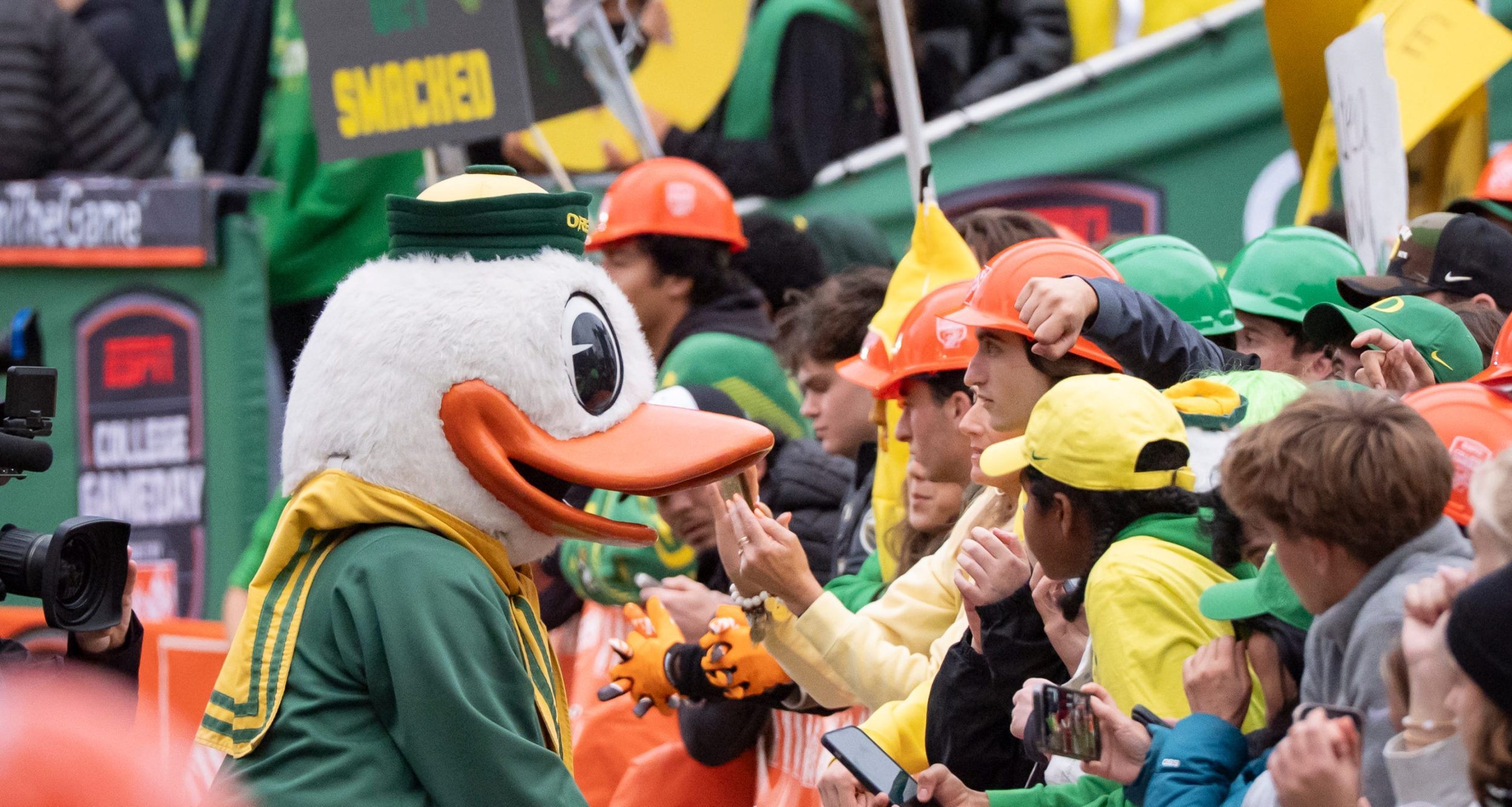 The Duck interacts with fans during ESPN’s “College GameDay” on the campus of the University of Oregon on Oct. 11, 2025, in Eugene, Oregon.