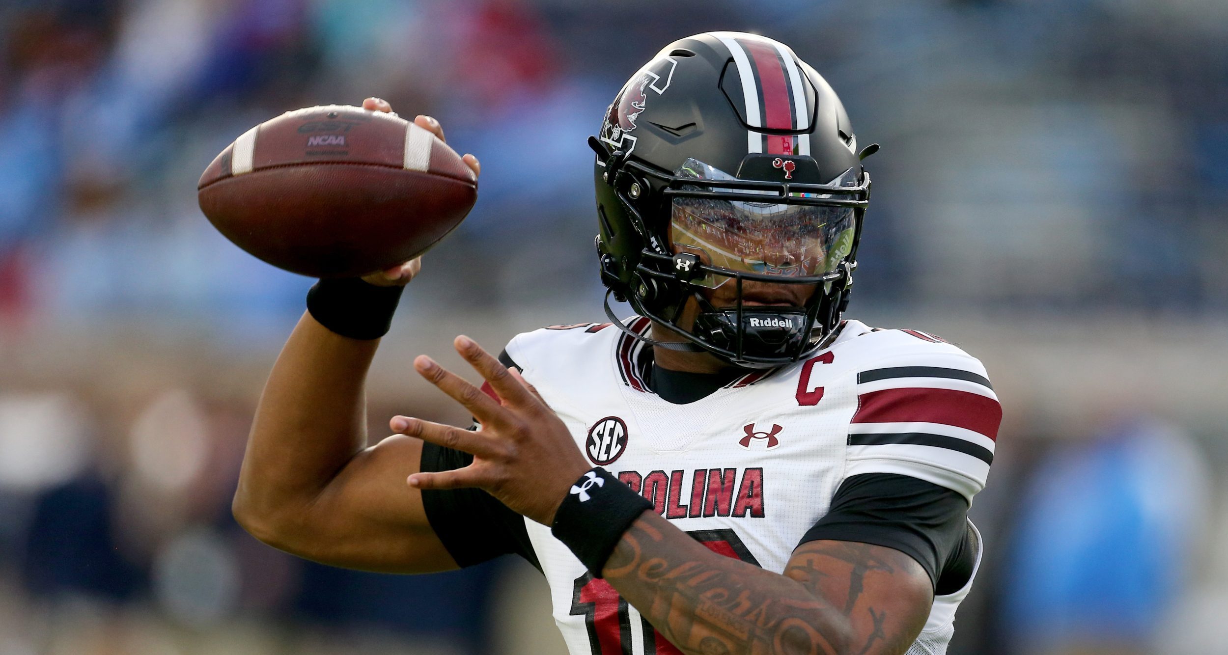 Nov 1, 2025; Oxford, Mississippi, USA; South Carolina Gamecocks quarterback LaNorris Sellers (16) passes the ball during warmups prior to the game against the Mississippi Rebels at Vaught-Hemingway Stadium.
