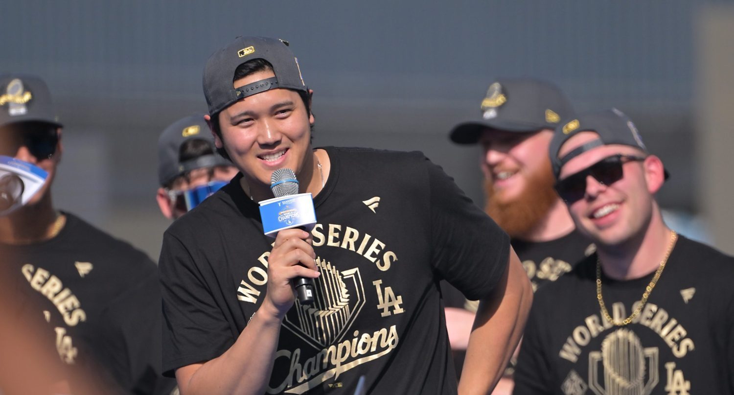 Nov 3, 2025; Los Angeles, CA, USA; Los Angeles Dodgers designated hitter Shohei Ohtani (17) during the World Series celebration at Dodger Stadium.