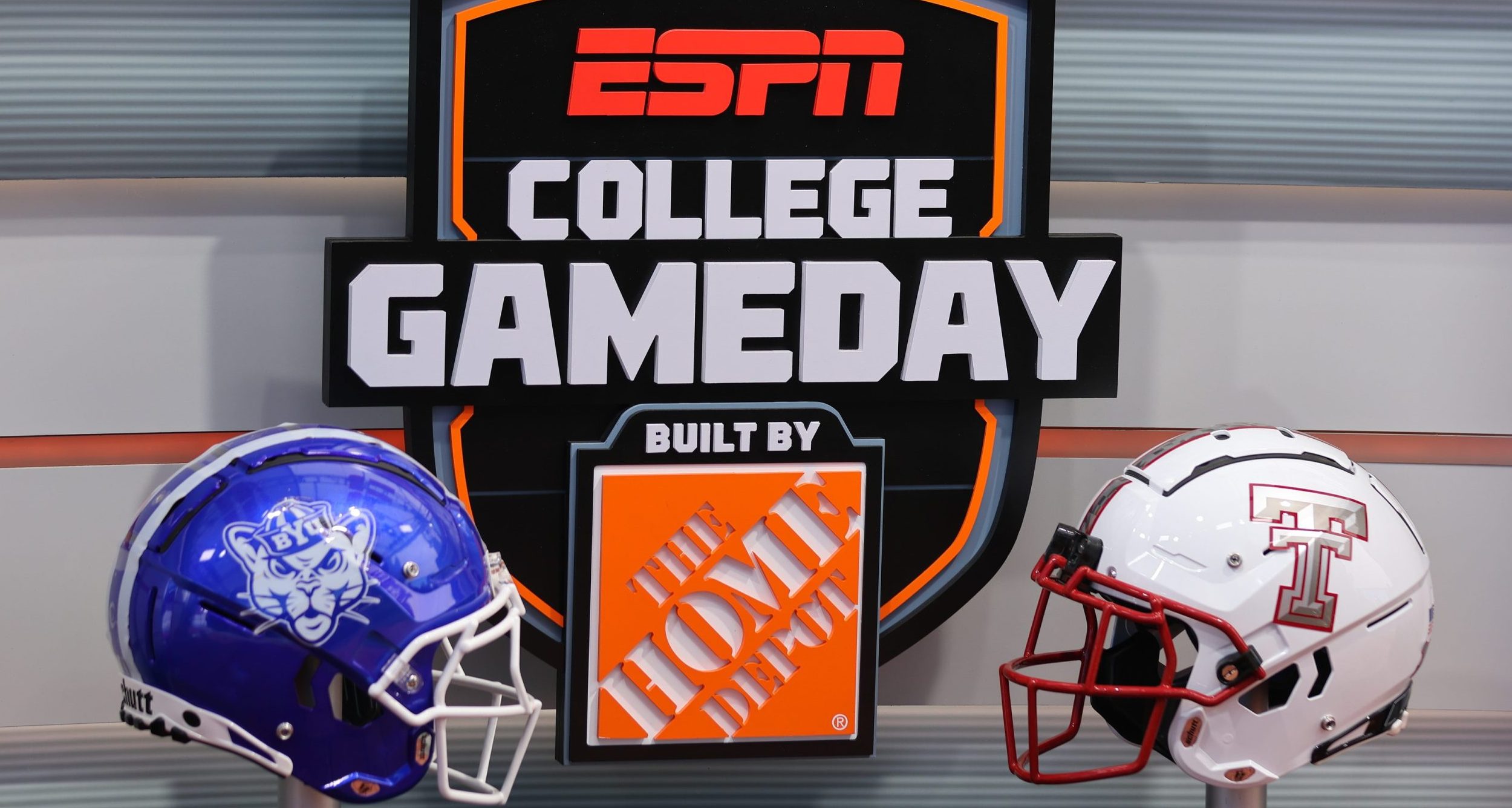 BYU Cougars and Texas Tech Red Raiders helmets on the set of ESPN's College GameDay