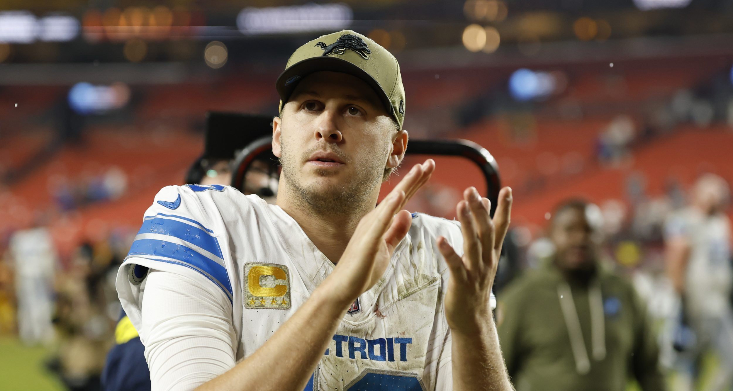 Nov 9, 2025; Landover, Maryland, USA; Detroit Lions quarterback Jared Goff (16) while leaving the field after the Lions' game against the Washington Commanders at Northwest Stadium.