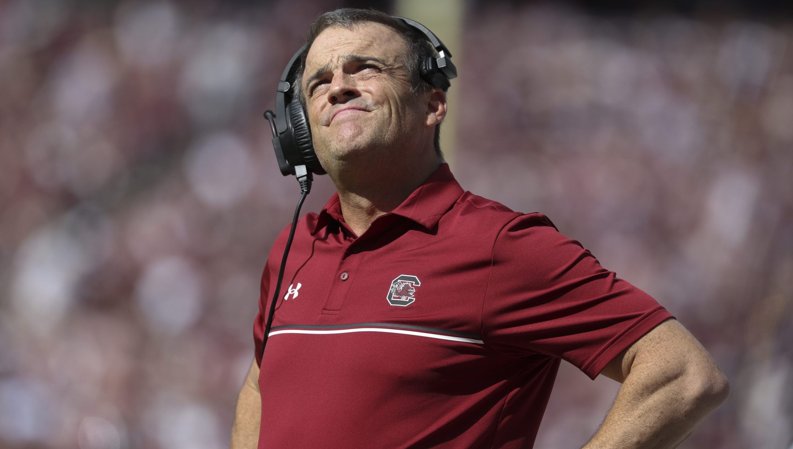 Nov 15, 2025; College Station, Texas, USA; South Carolina Gamecocks head coach Shane Beamer looks up during the second quarter against the Texas A&M Aggies at Kyle Field. Mandatory Credit: Troy Taormina-Imagn Images