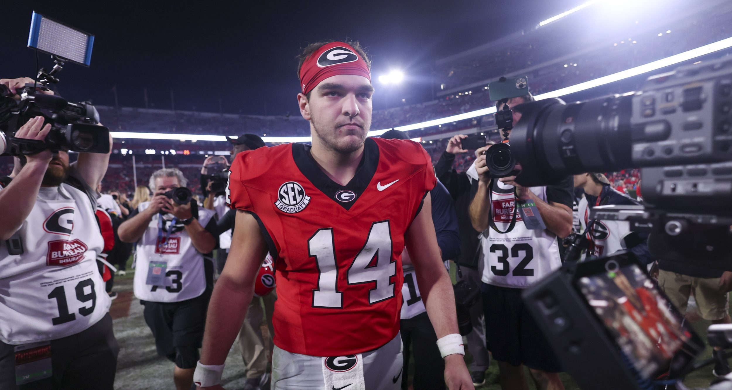Nov 15, 2025; Athens, Georgia, USA; Georgia Bulldogs quarterback Gunner Stockton (14) looks on after the game against the Texas Longhorns at Sanford Stadium.