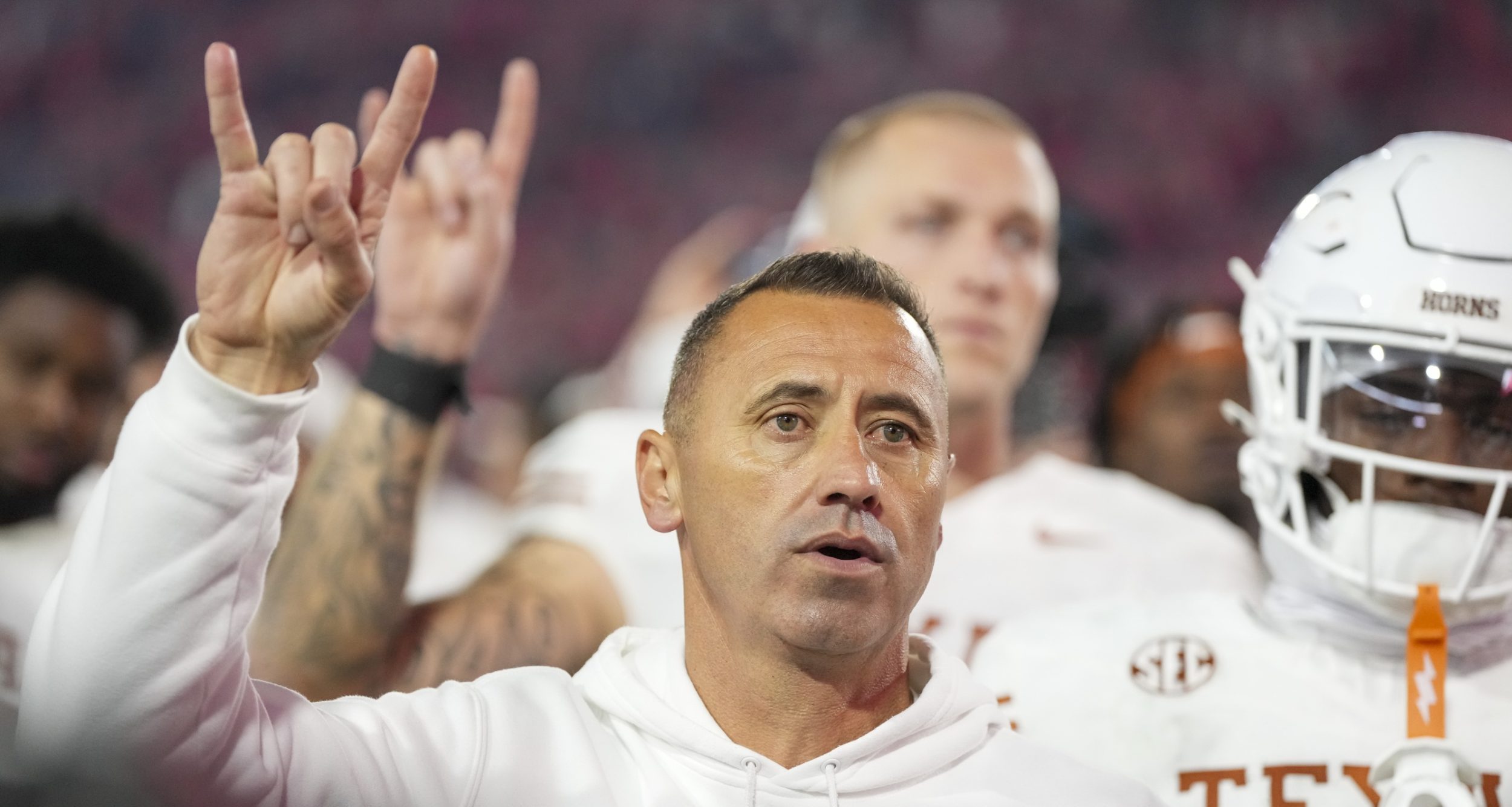 Texas Longhorns head coach Steve Sarkisian gestures after a game against the Georgia Bulldogs at Sanford Stadium.