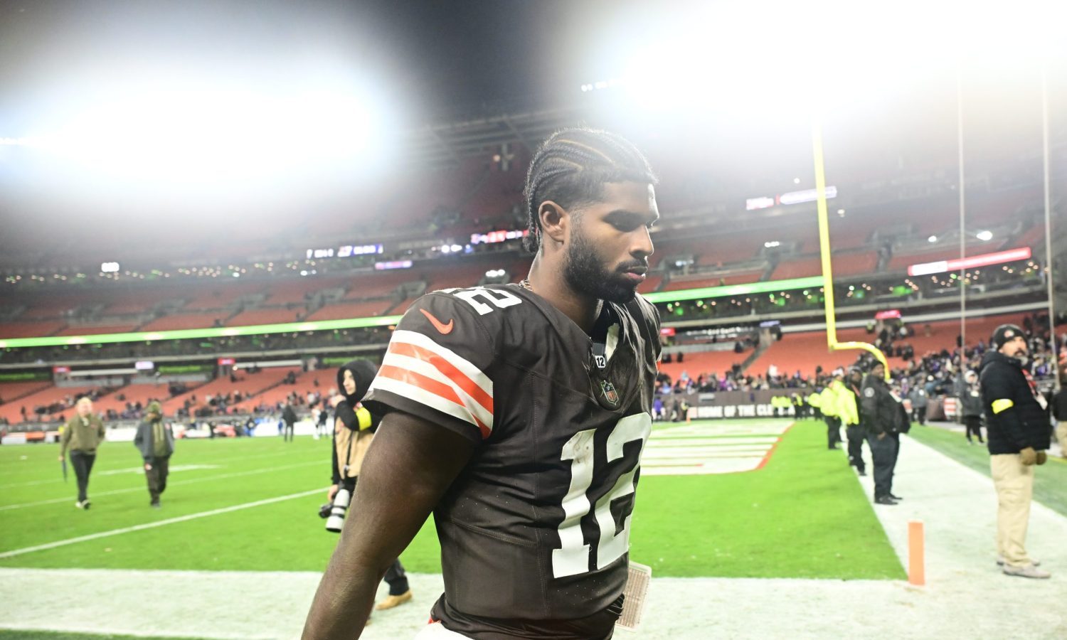 Nov 16, 2025; Cleveland, Ohio, USA; Cleveland Browns quarterback Shedeur Sanders (12) walks off the field following a game against the Baltimore Ravens at Huntington Bank Field.