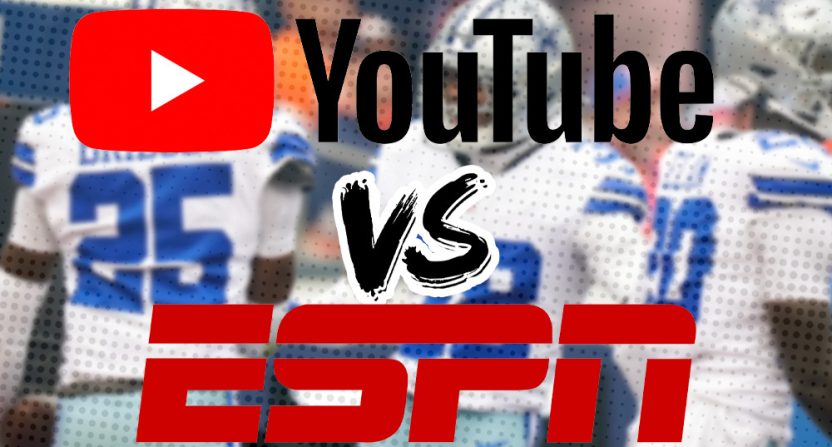 Dallas Cowboys logo in background of ESPN and YouTube TV logos facing off, illustrating carriage dispute during Monday Night Football.