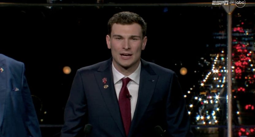 Indiana quarterback Fernando Mendoza delivers a heartfelt message during his Heisman Trophy acceptance speech. Photo Credit: ESPN on ABC