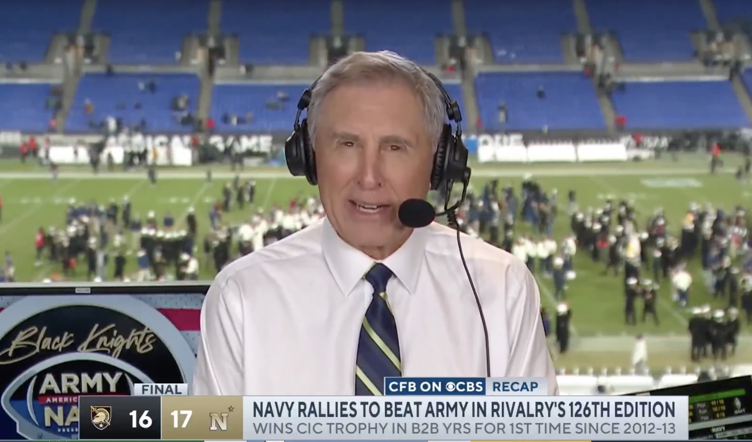 Gary Danielson gets emotional after calling his final Army-Navy game. Photo Credit: CBS Sports HQ