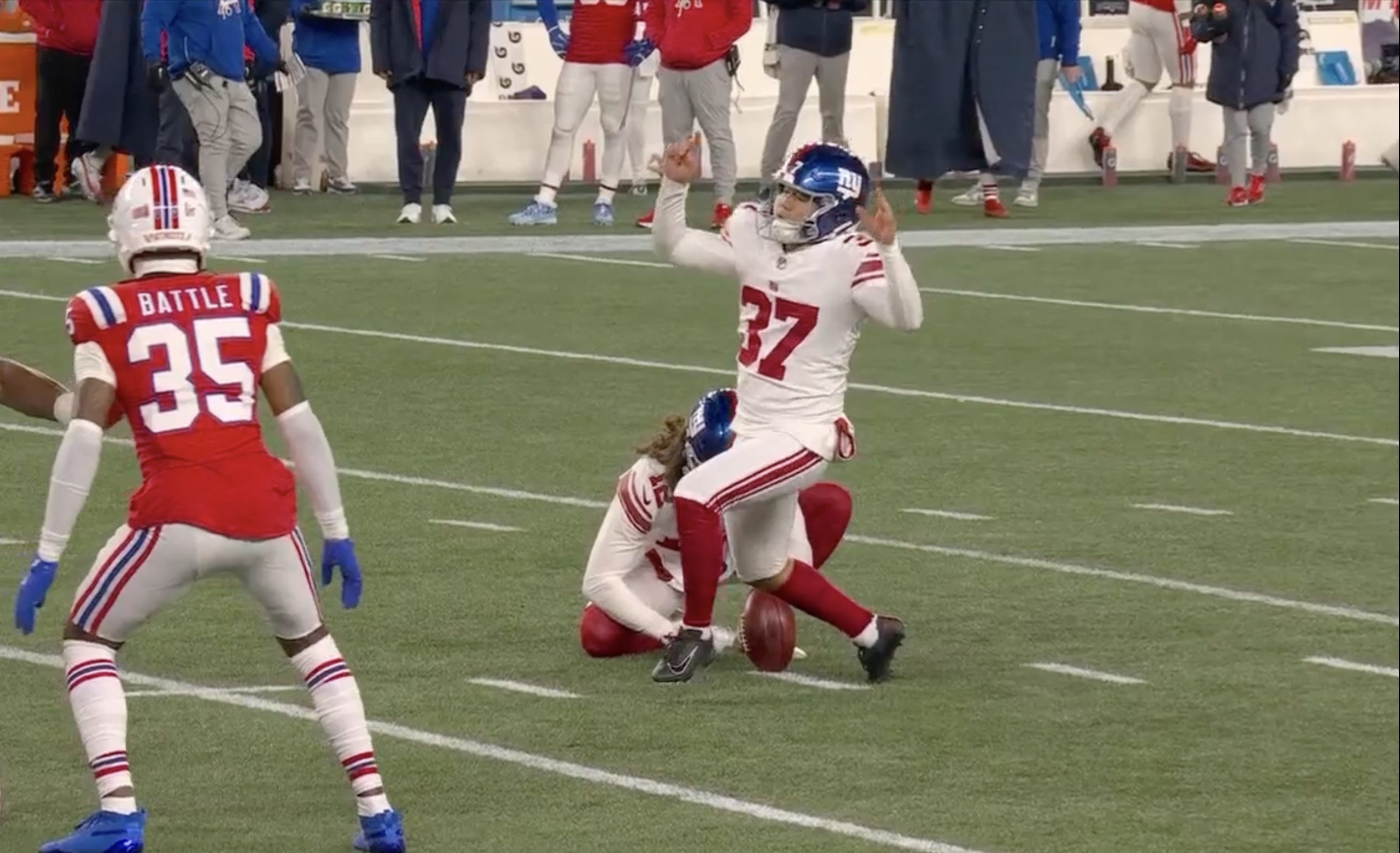 New York Giants kicker Younghoe Koo whiffs on a field goal attempt during Monday Night Football vs the New England Patriots. Photo Credit: ESPN