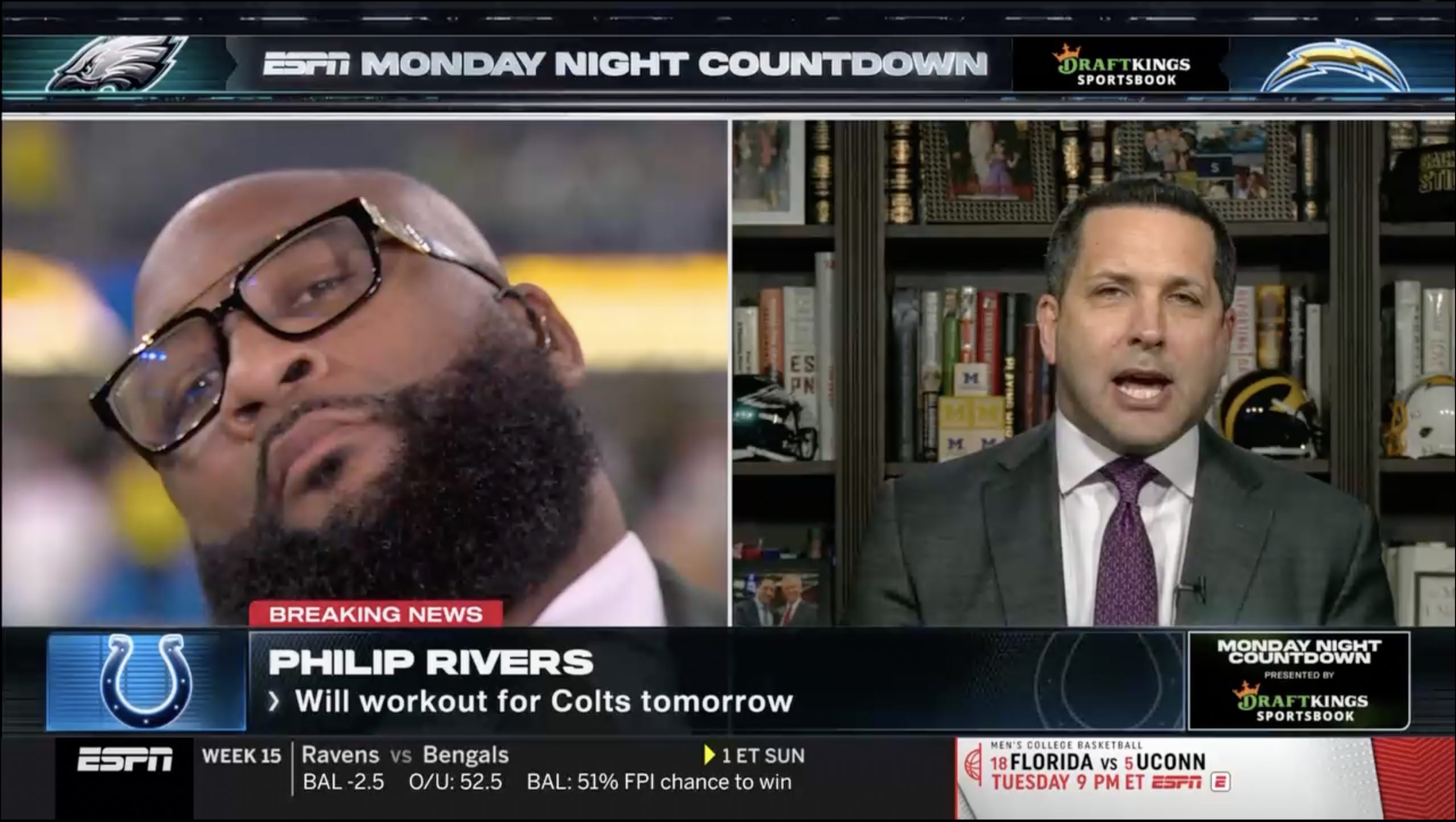 ESPN's Marcus Spears has a hilarious reaction to a Philip Rivers-Indianapolis Colts breaking news report from Adam Schefter on live television. Photo Credit: ESPN
