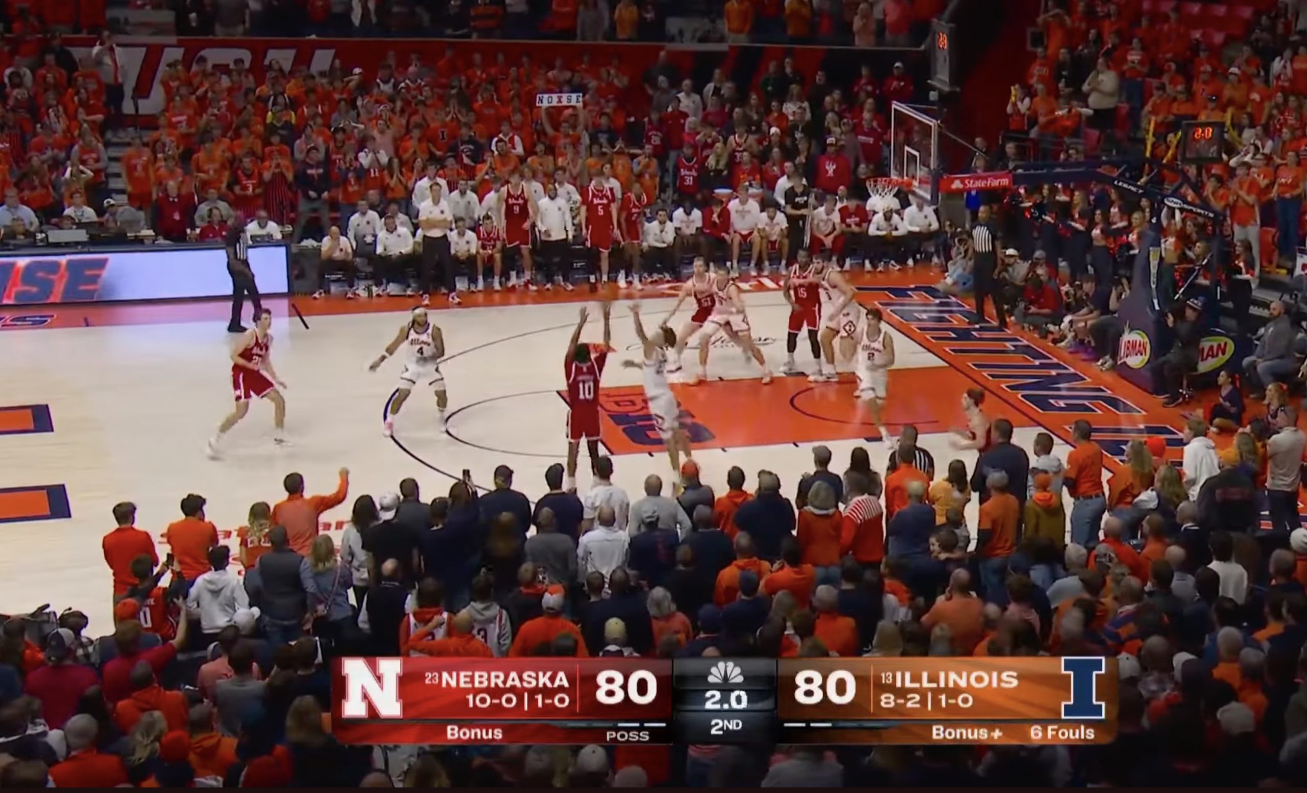 The Nebraska Cornhuskers beat the Illinois Fighting Illini on a buzzer-beating three. Photo Credit: Peacock