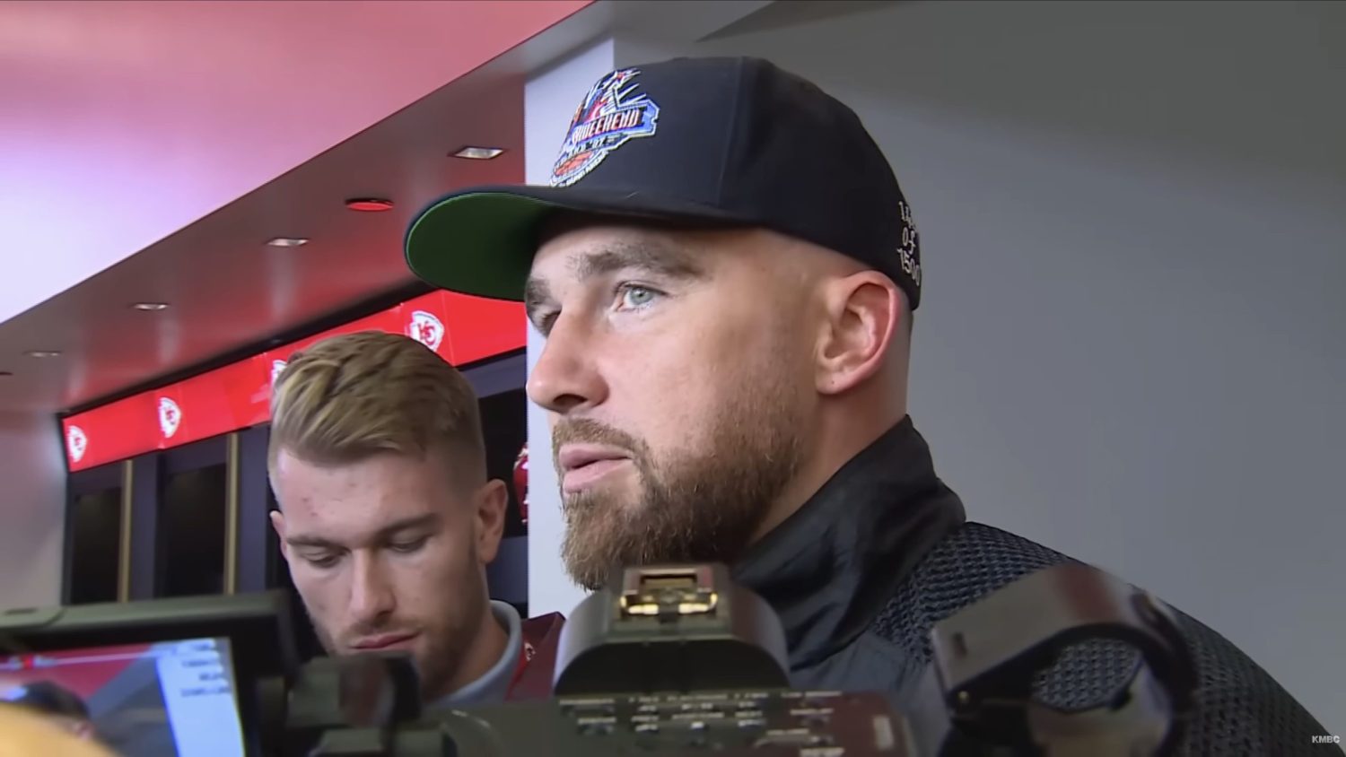 Travis Kelce speaks to Kansas City reporters
