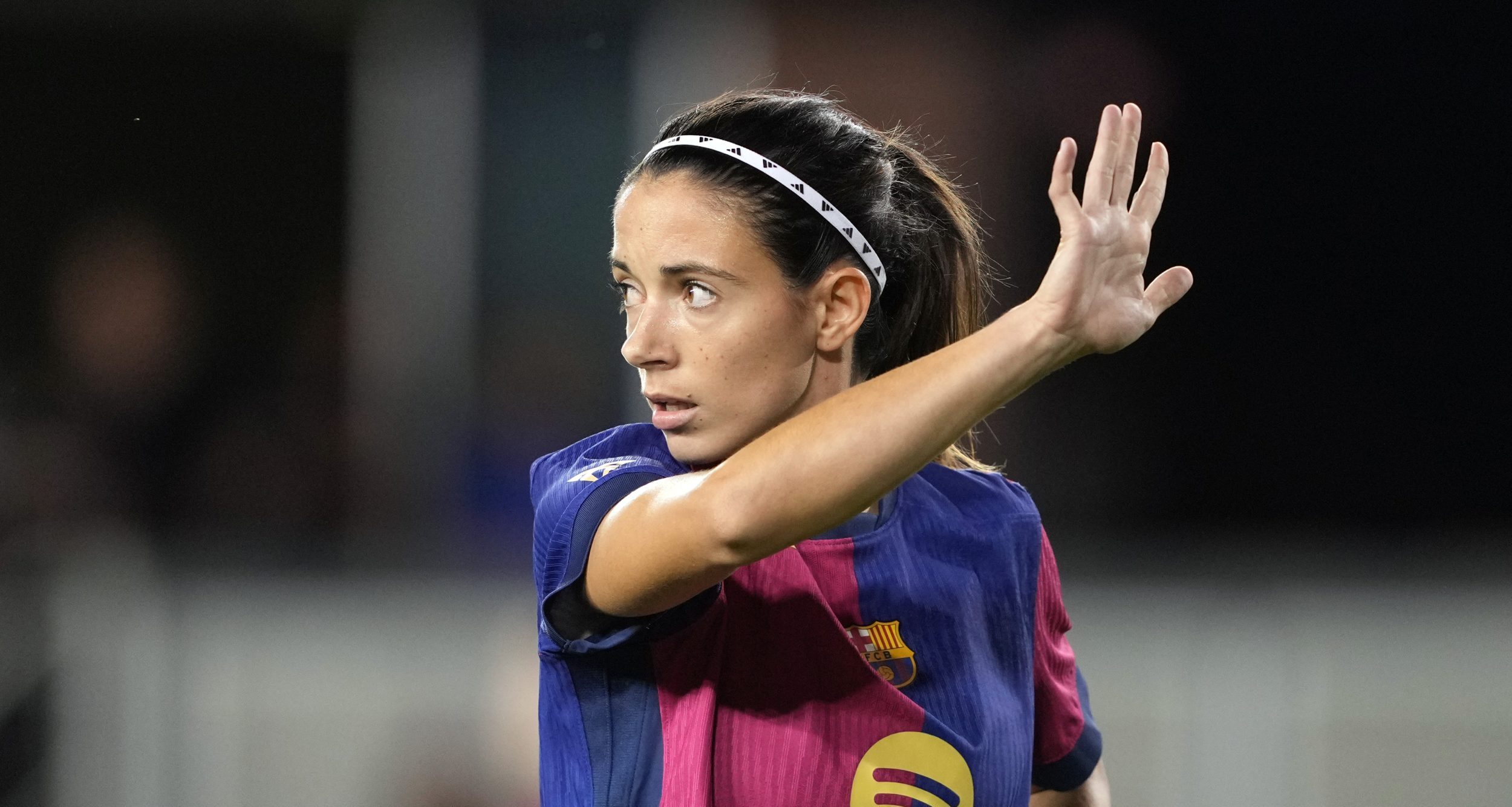 Aug 27, 2024; San Jose, California, USA; FC Barcelona midfielder Aitana Bonmati (14) gestures during the second half against Bay FC at Paypal Park. Mandatory Credit: Darren Yamashita-USA TODAY Sports