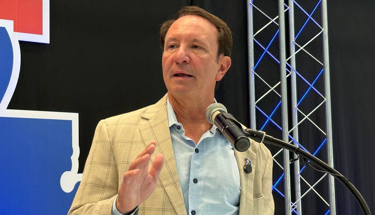 Louisiana Gov. Jeff Landry speaks to an audience at Louisiana Tech University on Aug. 25, 2025.