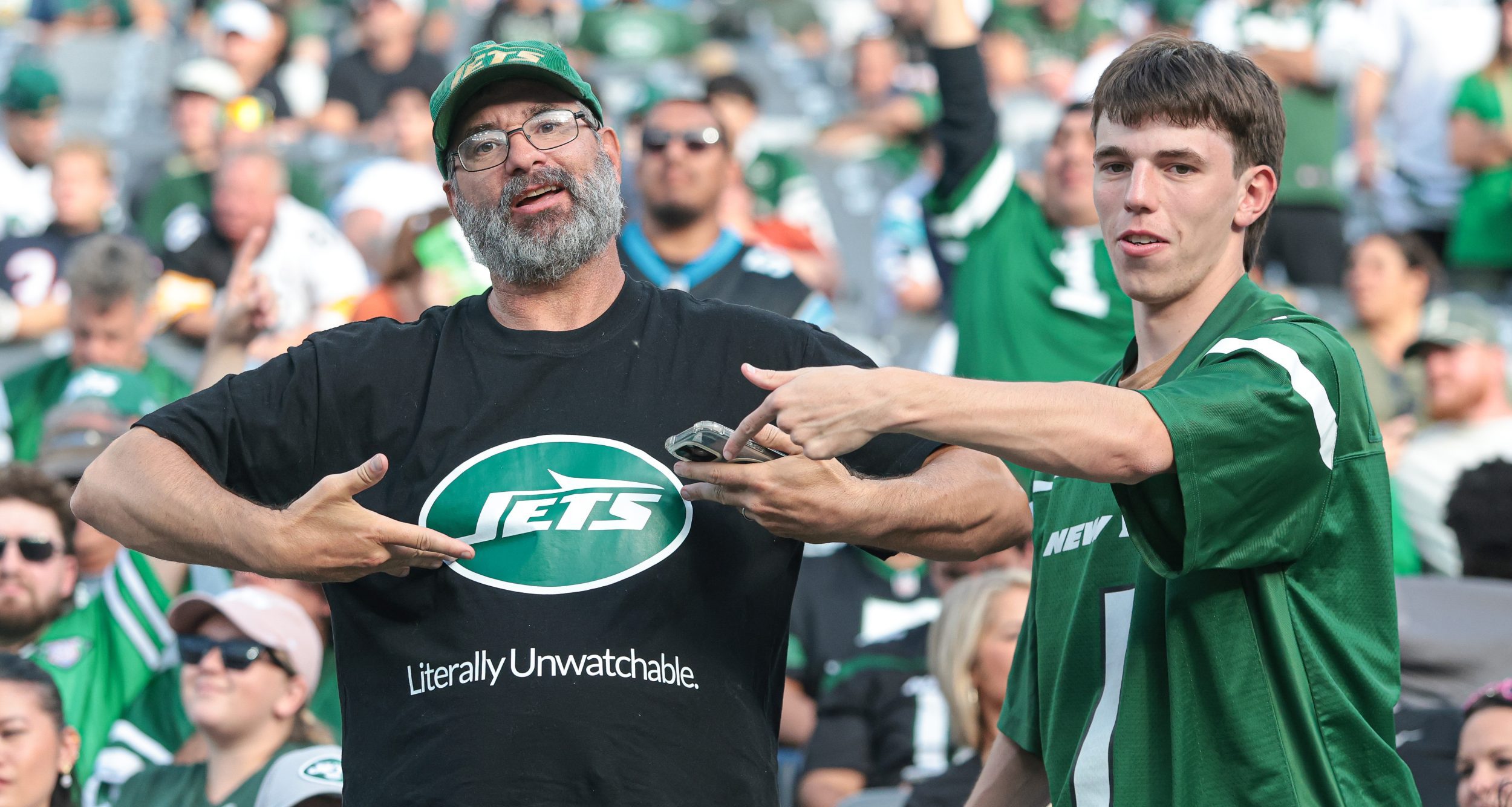 Oct 19, 2025; East Rutherford, New Jersey, USA; New York Jets fans react during the fourth quarter of the NFL game between the Jets and the Carolina Panthers at MetLife Stadium.
