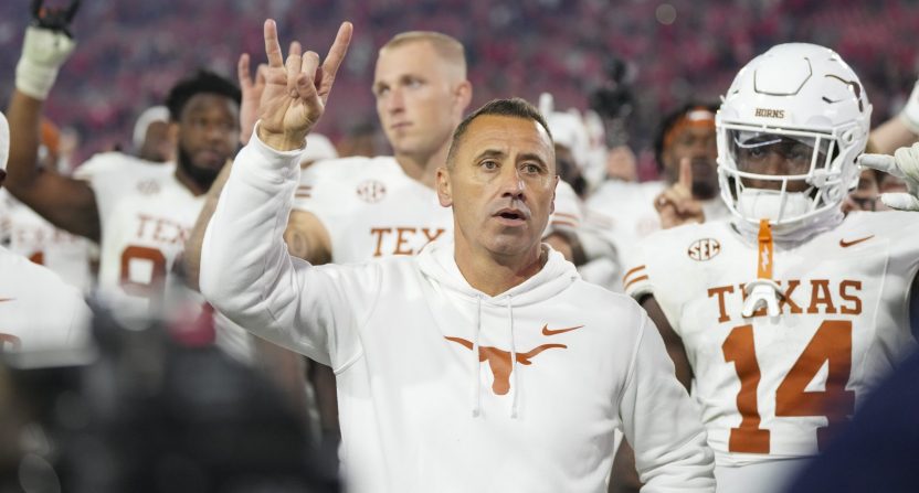 Nov 15, 2025; Athens, Georgia, USA; Texas Longhorns head coach Steve Sarkisian gestures after a game against the Georgia Bulldogs at Sanford Stadium. Mandatory Credit: Dale Zanine-Imagn Images