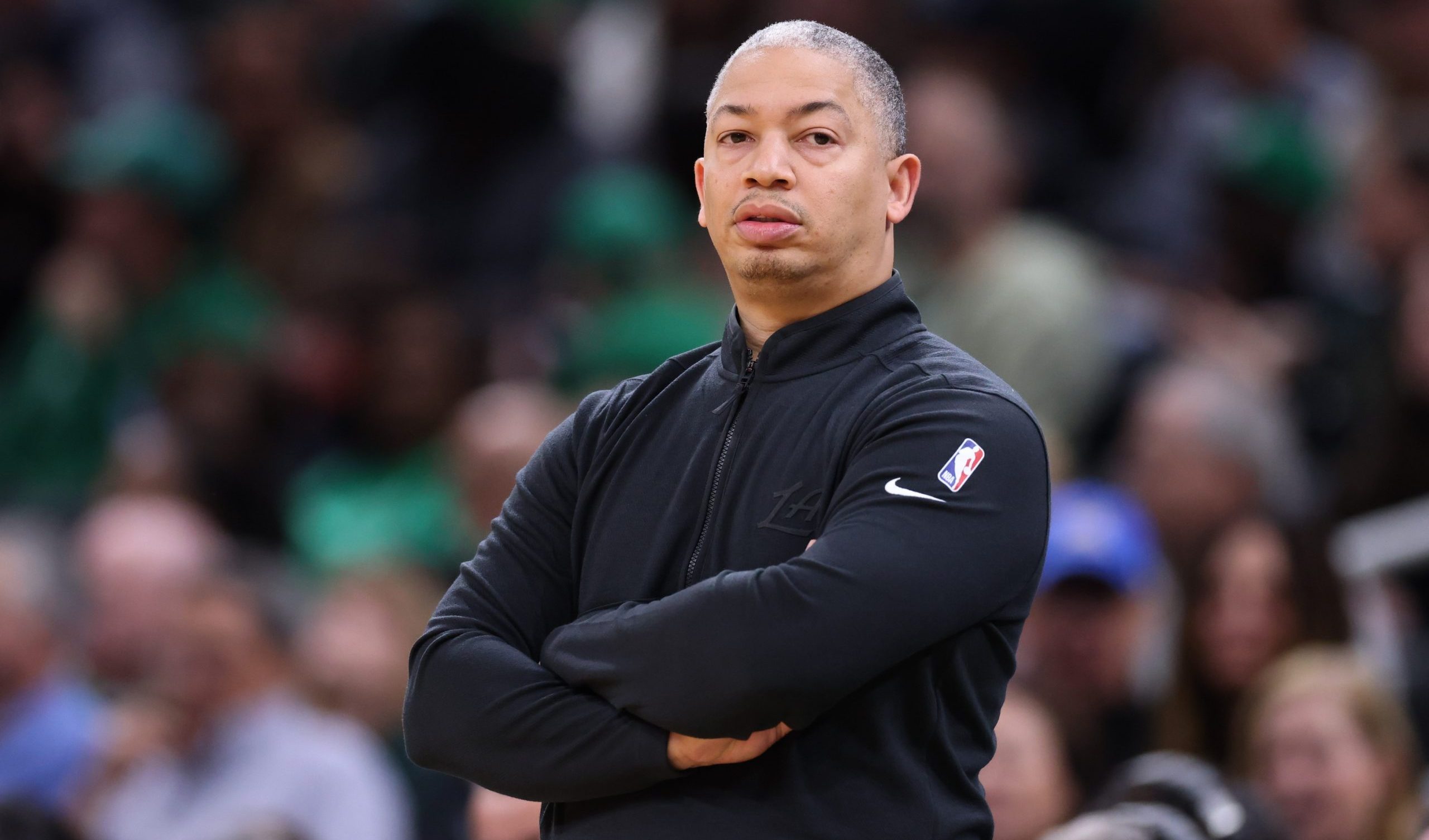 Nov 16, 2025; Boston, Massachusetts, USA; Los Angeles Clippers head coach Tyronn Lue reacts during the first half against the Boston Celtics at TD Garden. Mandatory Credit: Paul Rutherford-Imagn Images