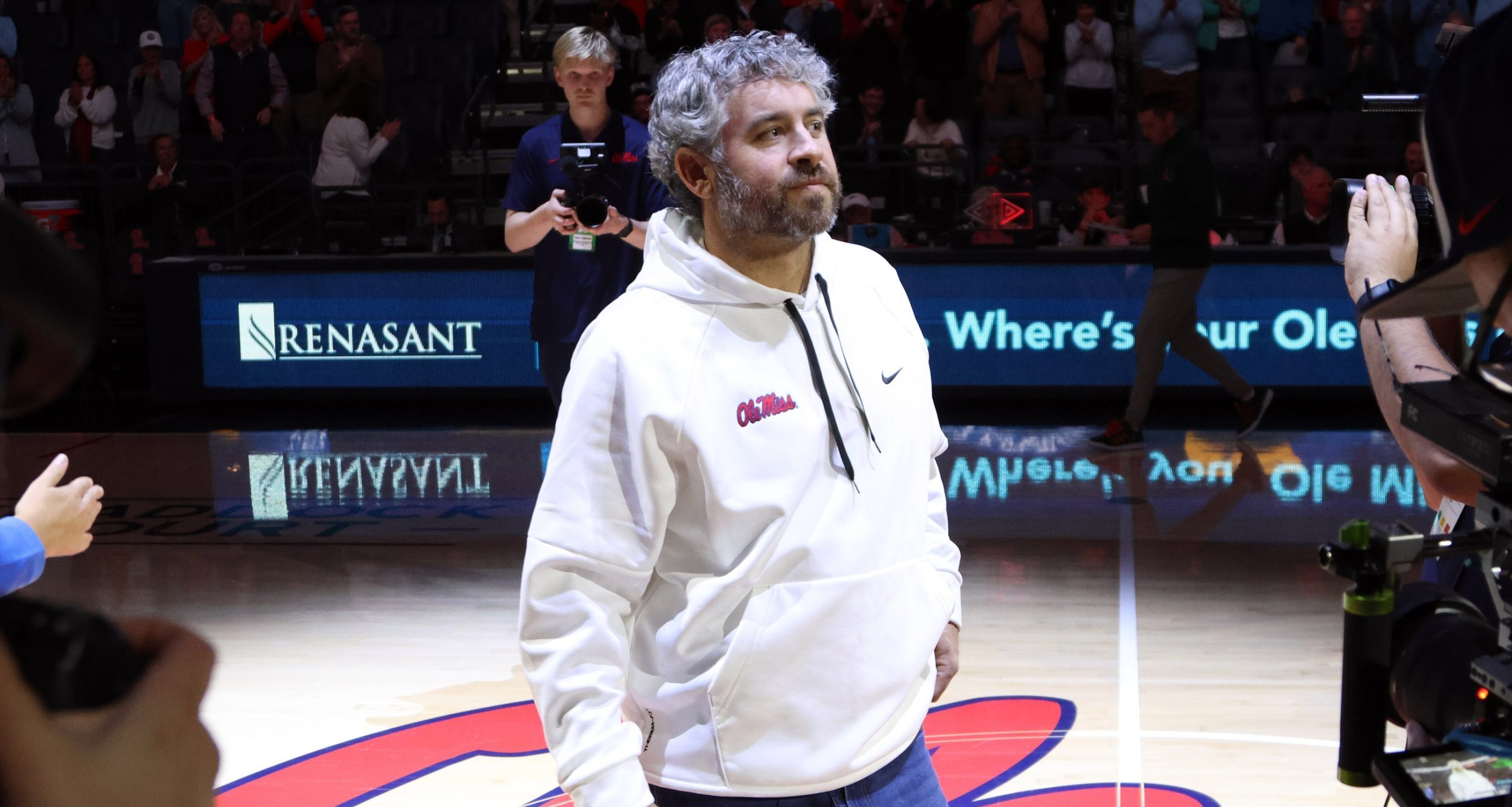 Mississippi Rebels head coach football Pete Golding is introduced during a timeout during the first half against the Miami Hurricanes at The Sandy and John Black Pavilion at Ole Miss.