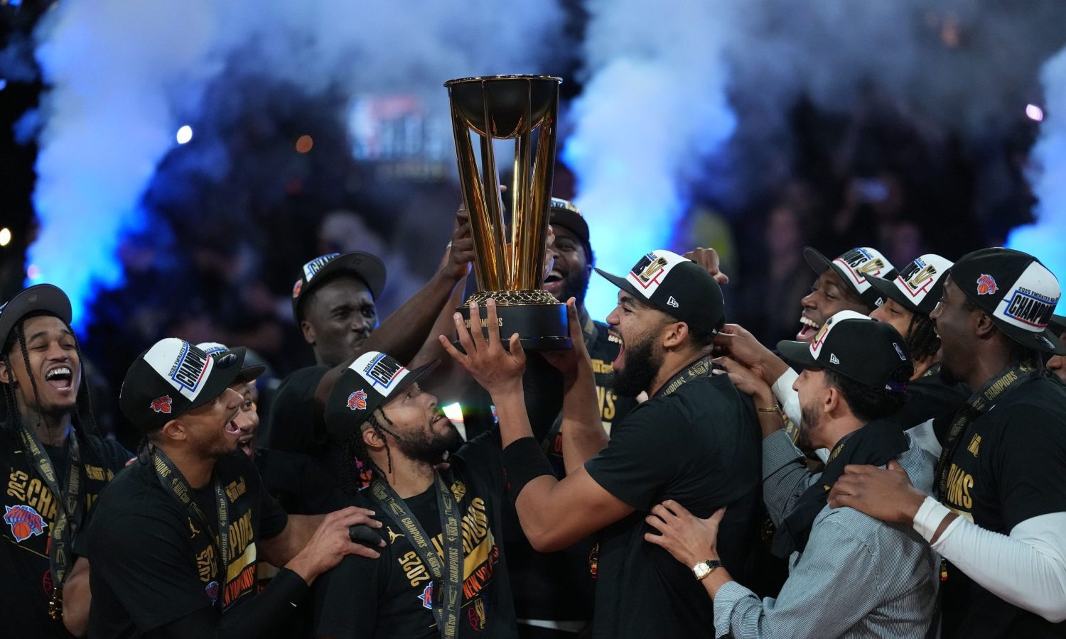 Dec 16, 2025; Las Vegas, Nevada, USA; The New York Knicks react after winning the Emirates NBA Cup Final at T-Mobile Arena.