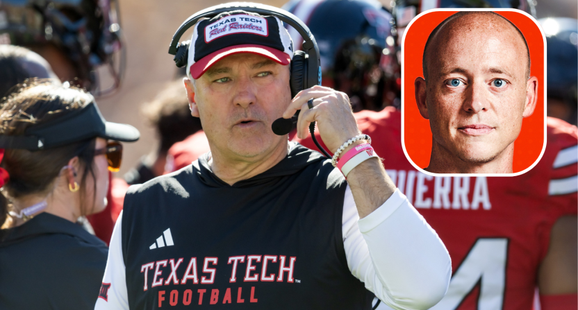 Oct 18, 2025; Tempe, Arizona, USA; Texas Tech Red Raiders head coach Joey McGuire against the Arizona State Sun Devils in the first half at Mountain America Stadium. Mandatory Credit: Mark J. Rebilas-Imagn Images