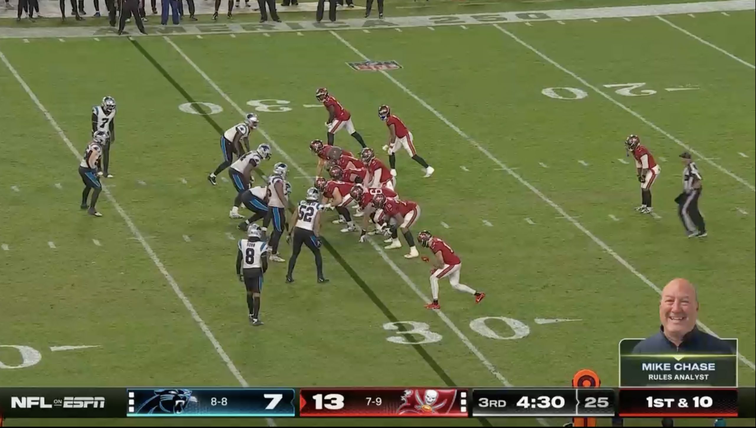 ESPN rules analyst Mike Chase appears on the Carolina Panthers-Tampa Bay Buccaneers broadcast.