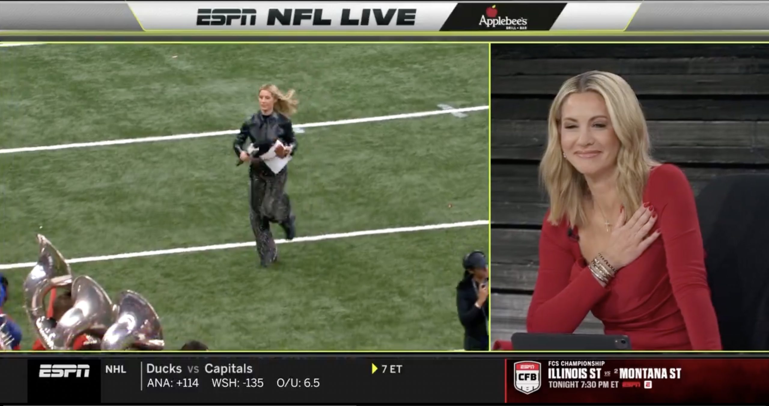 ESPN's Laura Rutledge watches a viral video of herself sprinting at the Sugar Bowl while Chris Berman provides commentary during NFL Live. Photo Credit: ESPN