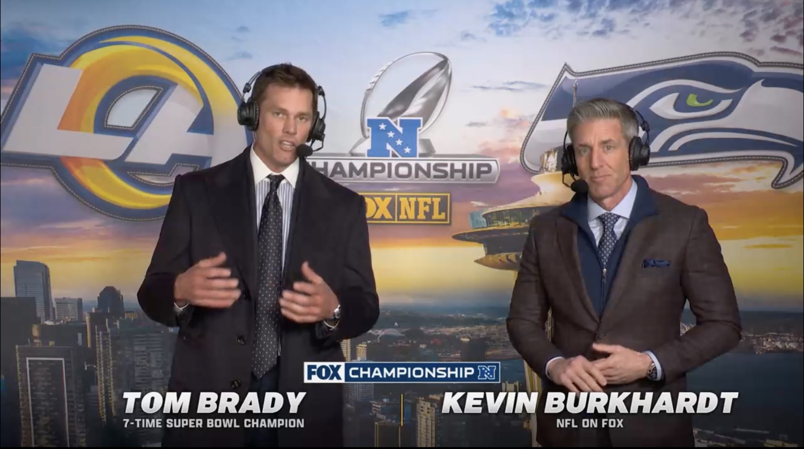 Tom Brady and Kevin Burkhardt in the Fox broadcast booth for the Rams-Seahawks NFC Championship Game. Credit: Fox