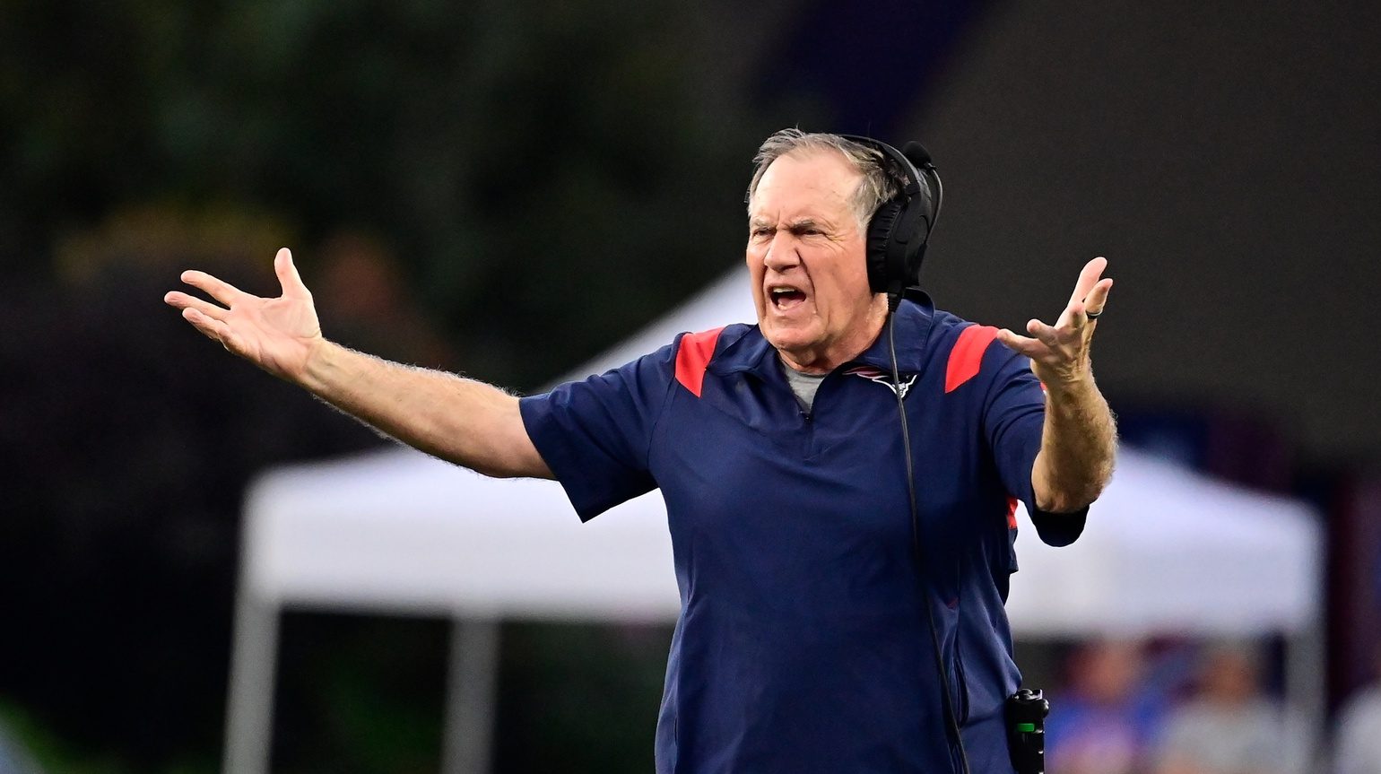 New England Patriots head coach Bill Belichick reacts to a call on the field during the second half against the Philadelphia Eagles at Gillette Stadium.