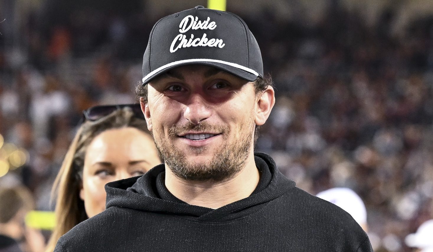Nov 30, 2024; College Station, Texas, USA; Former Texas A&M and Cleveland Browns quarterback Johnny Manziel looks on prior to the game against the Texas Longhorns. The Longhorns defeated the Aggies 17-7 at Kyle Field. Mandatory Credit: Maria Lysaker-Imagn Images