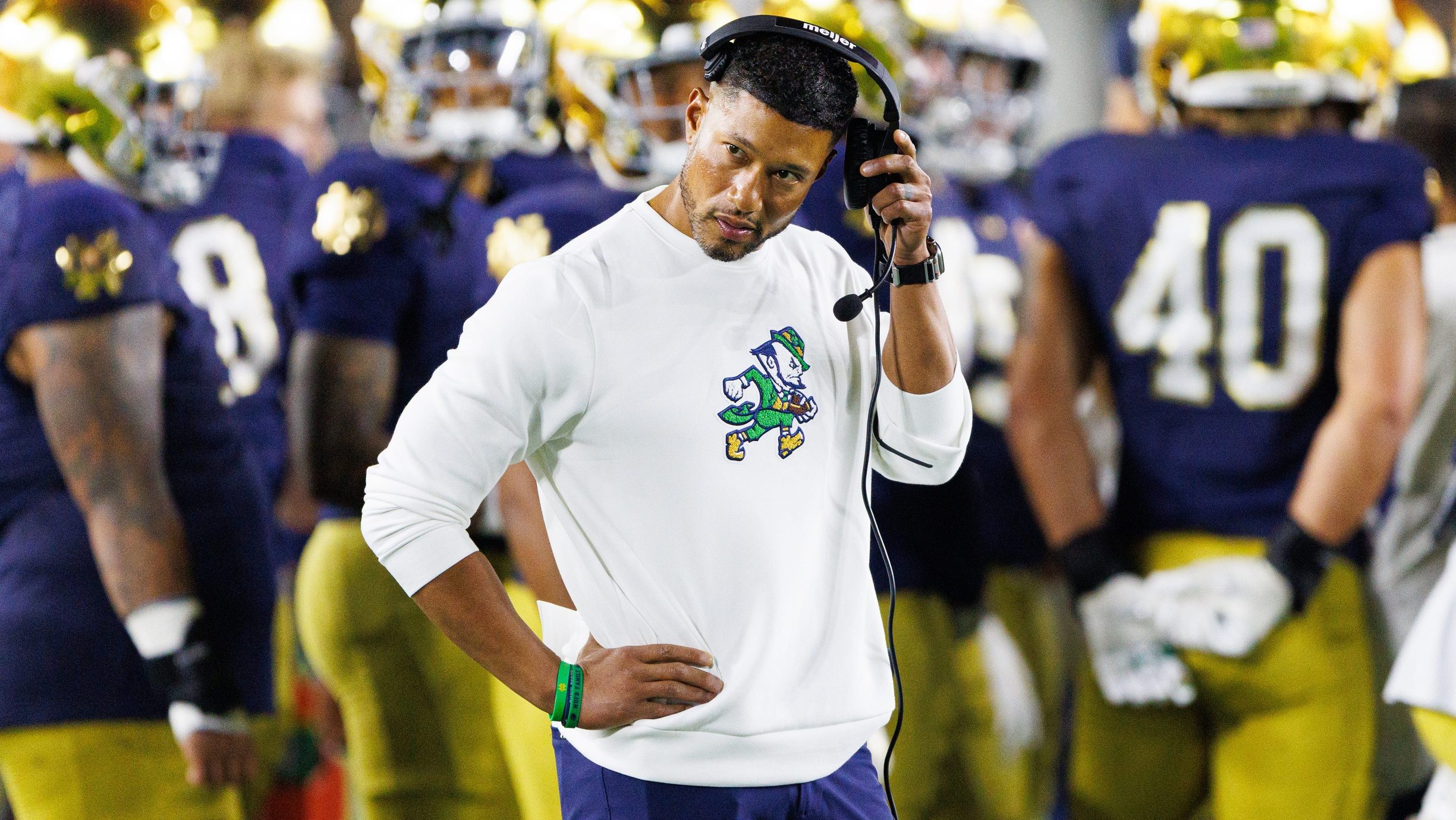 Notre Dame head coach Marcus Freeman looks on in the second half of a NCAA football game against Texas A&M at Notre Dame Stadium on Saturday, Sept. 13, 2025, in South Bend.