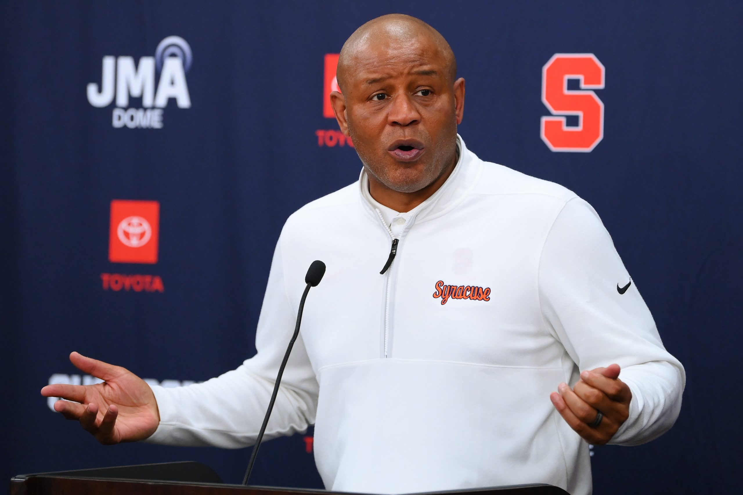 Jan 24, 2026; Syracuse, New York, USA; Syracuse Orange head coach Adrian Autry speaks to the media following the game against the Miami Hurricanes at the JMA Wireless Dome. Mandatory Credit: Rich Barnes-Imagn Images