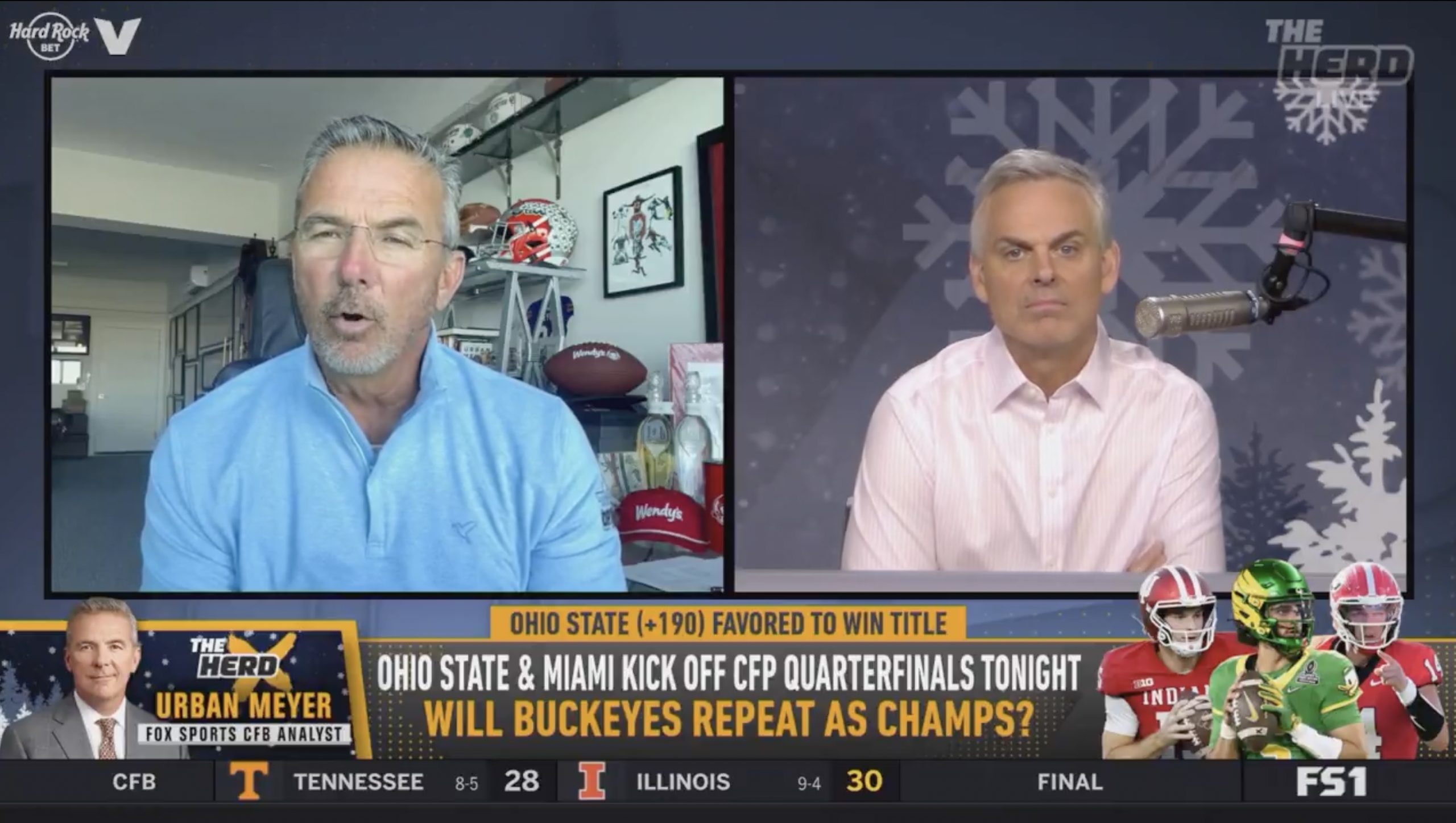 Fox college football analyst Urban Meyer appears on 'The Herd with Colin Cowherd' to preview the Miami-Ohio State CFP quarterfinal game. Photo Credit: FS1