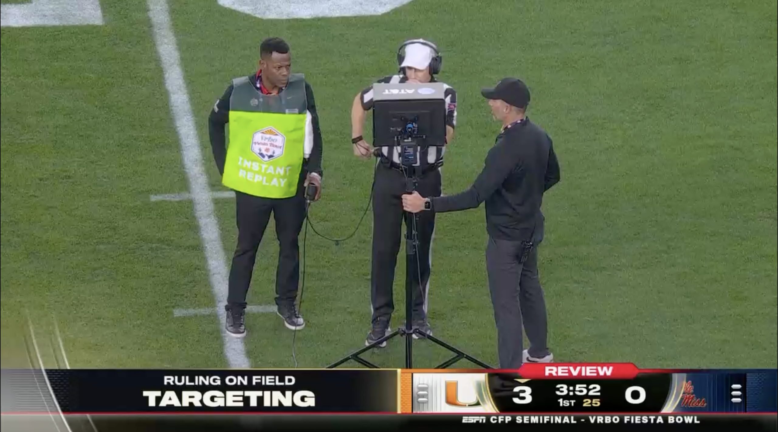 A targeting review during the Miami-Ole Miss College Football Playoff semifinal. Photo Credit: ESPN