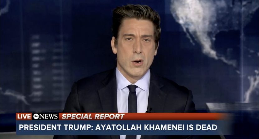 ABC News anchor David Muir delivers breaking news on the death of Iran's supreme leader. Credit: ABC