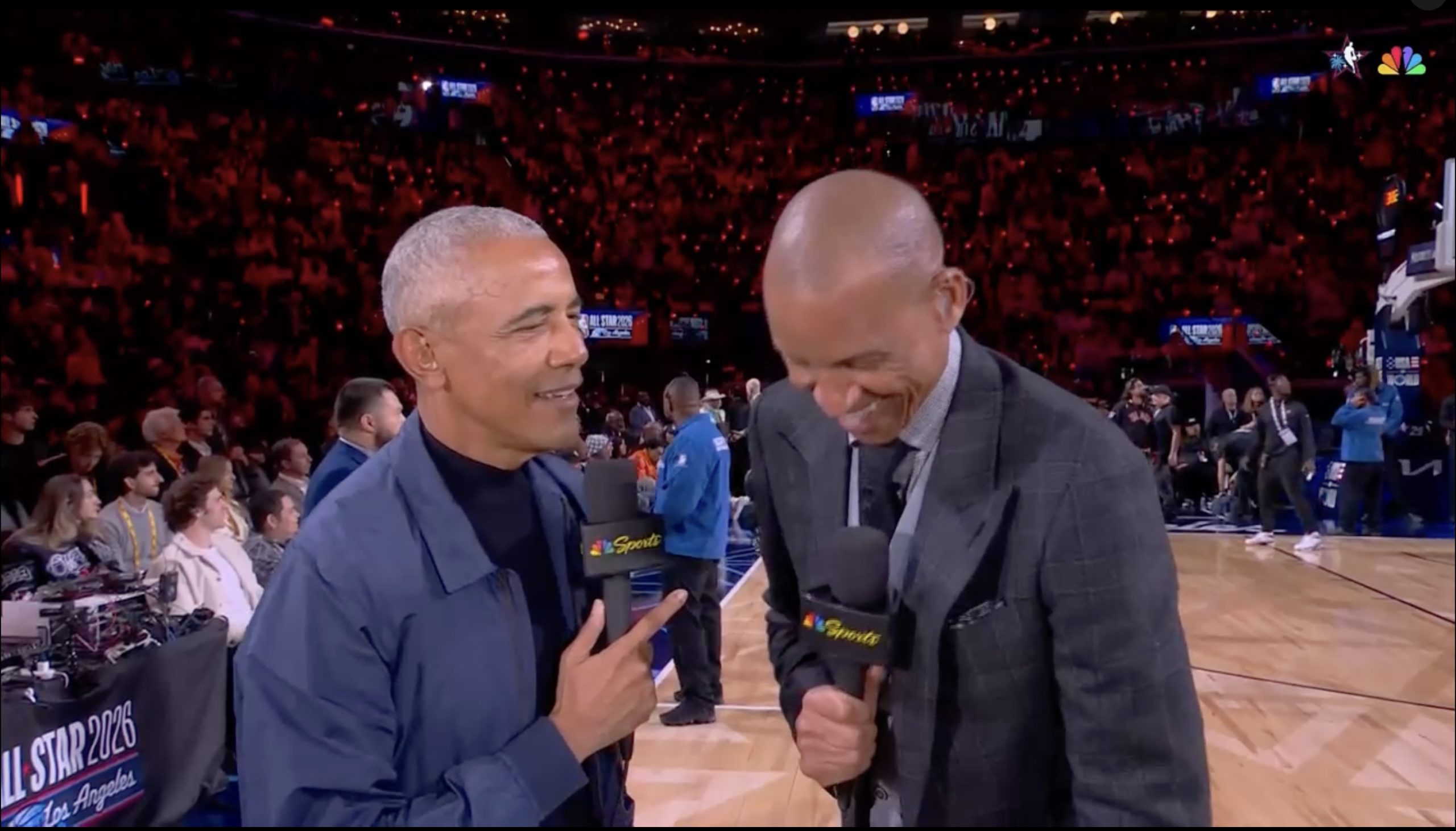Reggie Miller interviews Barack Obama during the 2026 NBA All-Star Game on NBC. Credit: NBC