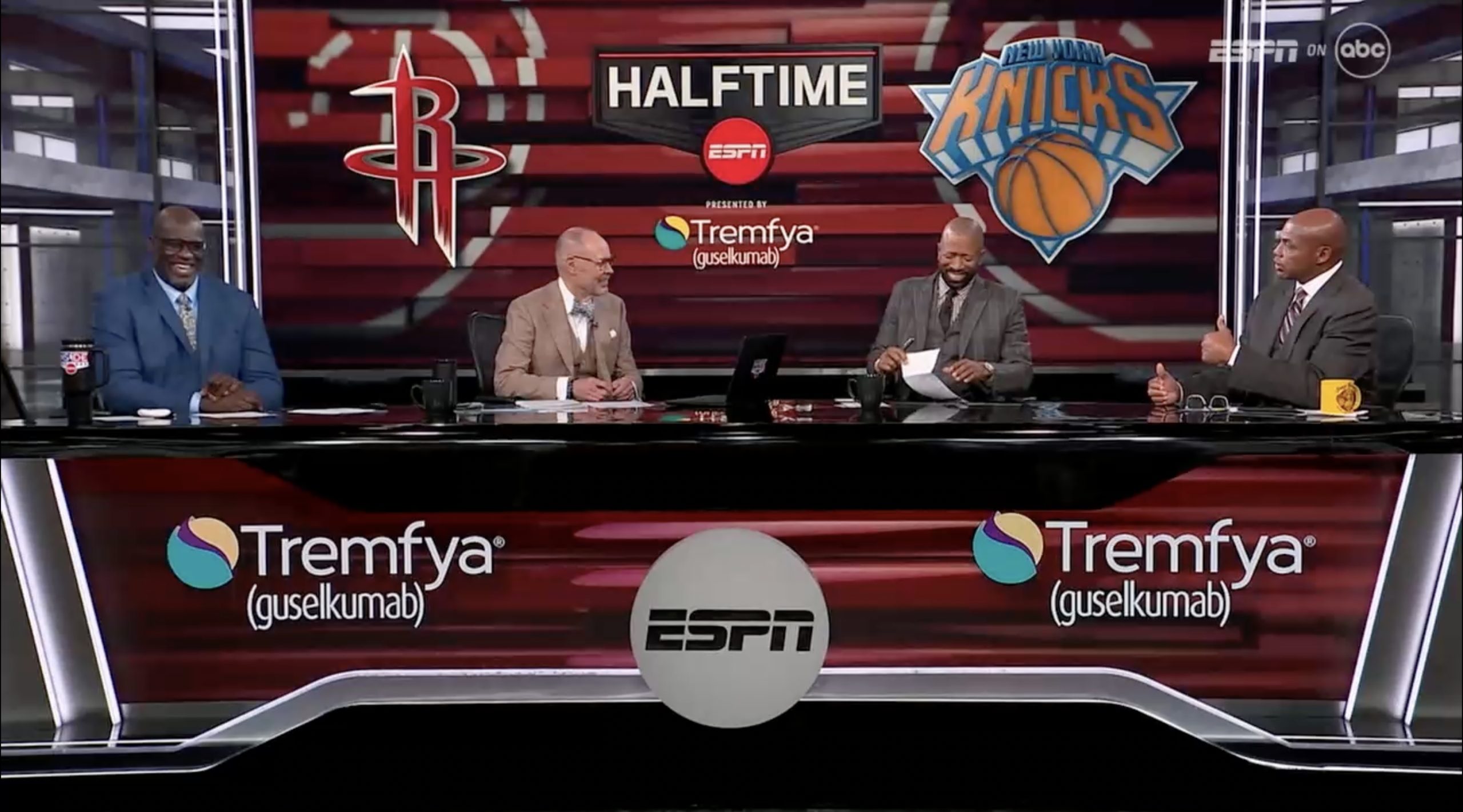 'Inside the NBA' stars Charles Barkley, Shaquille O'Neal, Kenny Smith, and Ernie Johnson discuss a Rockets-Knicks game televised by ESPN on ABC.
