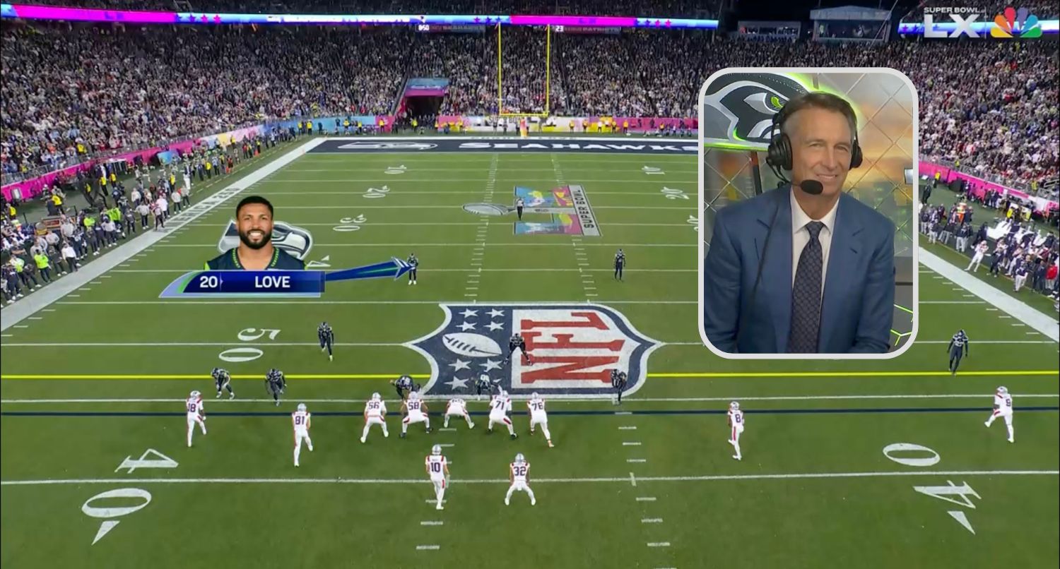 NBC color commentator Cris Collinsworth was left speechless by a Drake Maye interception in Super Bowl LX. Credit: NBC