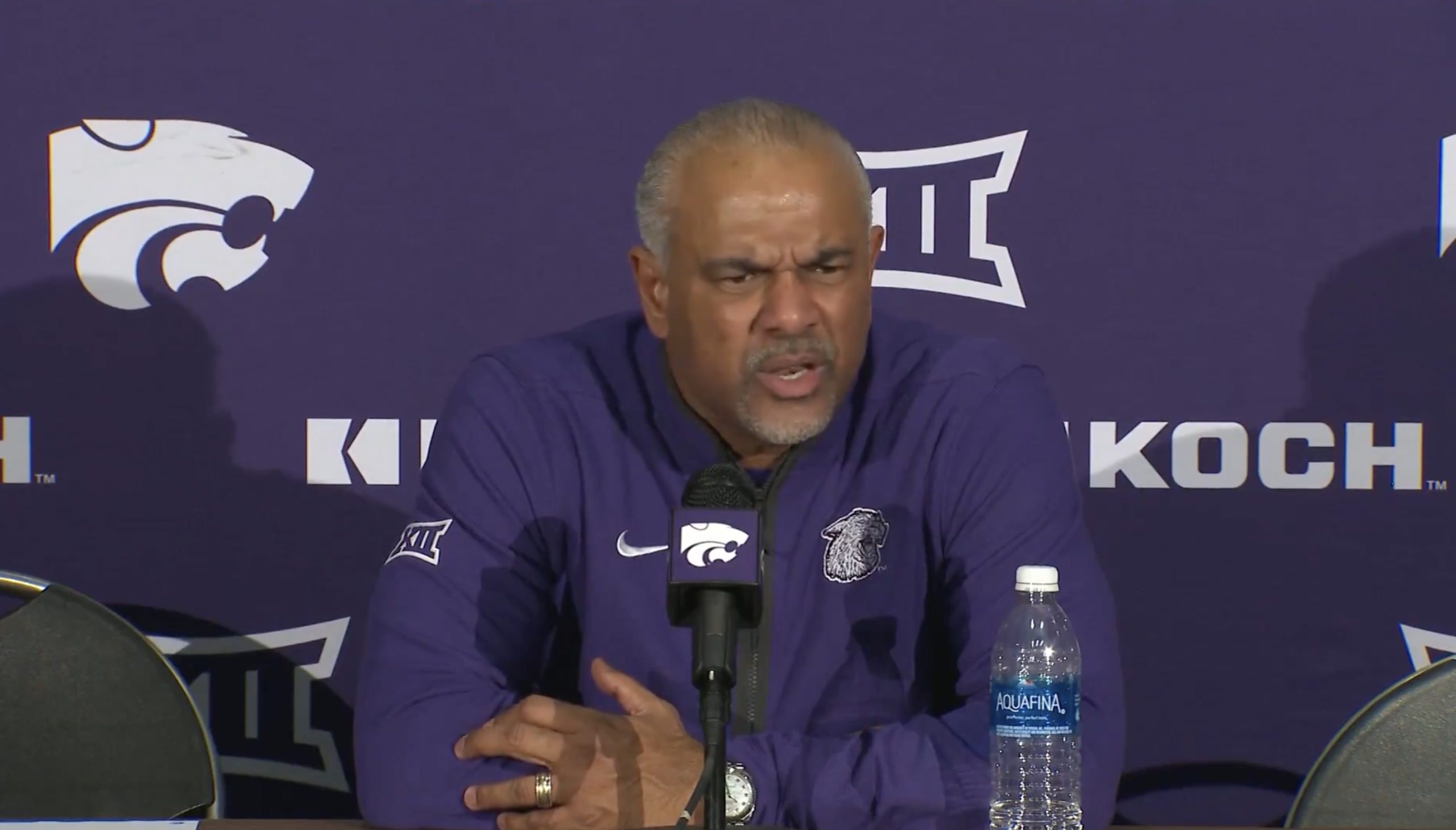 Kansas State head men's basketball coach Jerome Tang had a postgame tirade during a press conference after a blowout home loss to Cincinnati. Credit: K-State Athletics; Jason Kinander (@WIBWJason) on X