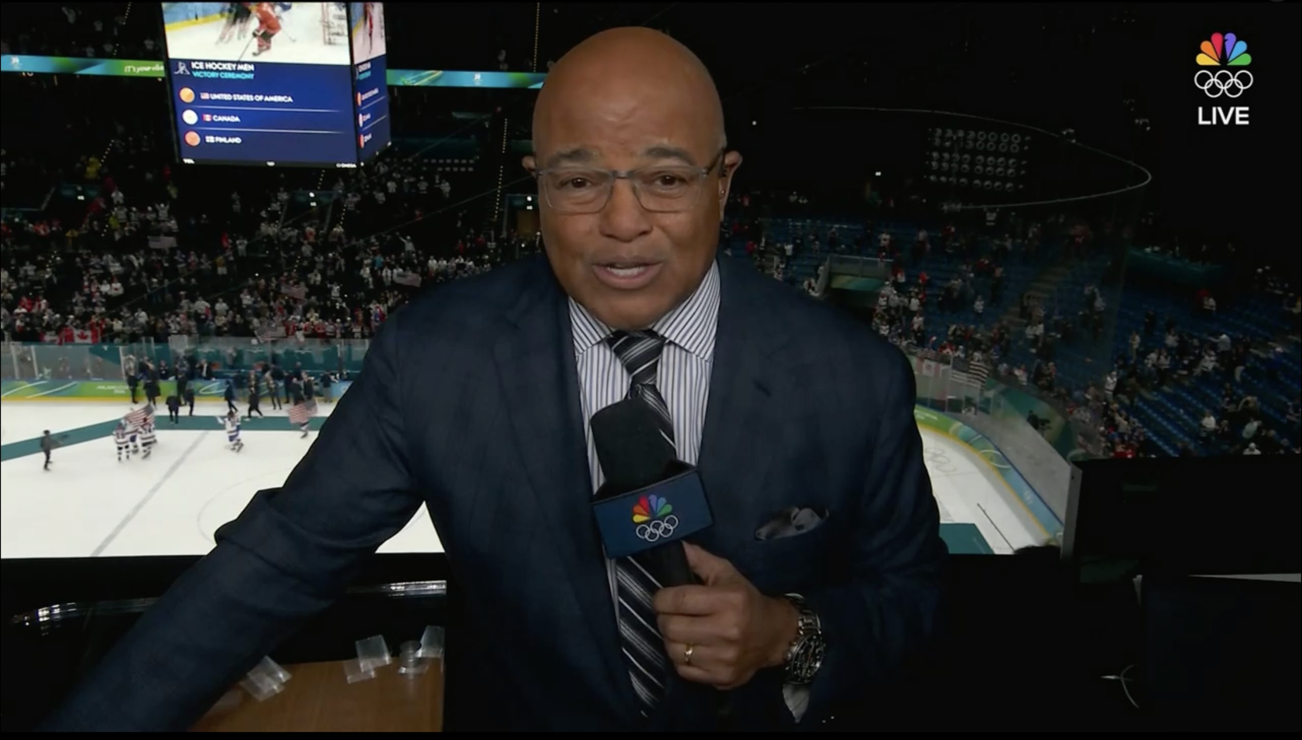 Mike Tirico wraps up the NBC broadcast of the USA's gold medal victory over Canada in men's hockey at the 2026 Milan Cortina Olympics. Credit: NBC