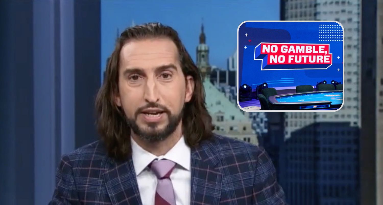 FS1 host Nick Wright is becoming a co-host for 'No Gamble, No Future' on PokerGO. Credit: FS1 (Nick Wright); PokerGo (No Gamble, No Future)