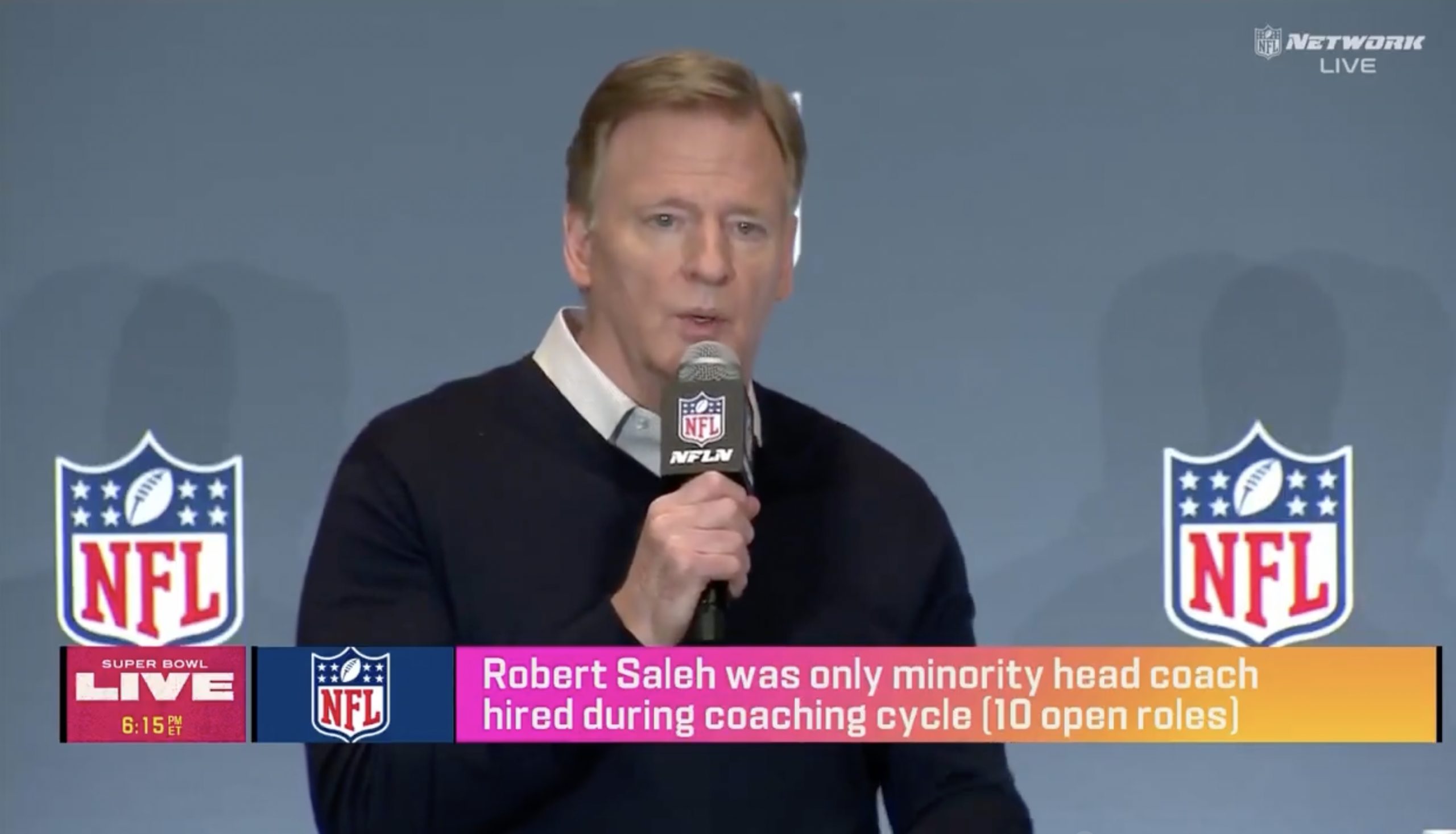 NFL commissioner Roger Goodell at his annual Super Bowl press conference. Credit: NFL Network