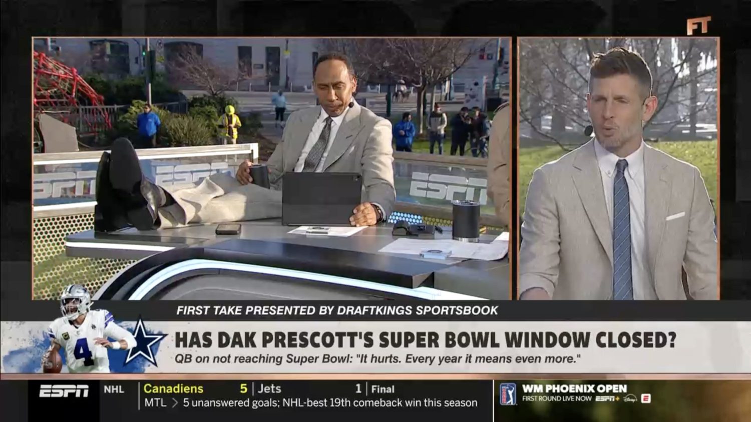 Stephen A. Smith and Dan Orlovsky discussing the Dallas Cowboys ahead of Super Bowl LX